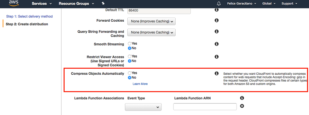 AWS Console: CloudFront Configuration Panel With auto compression.